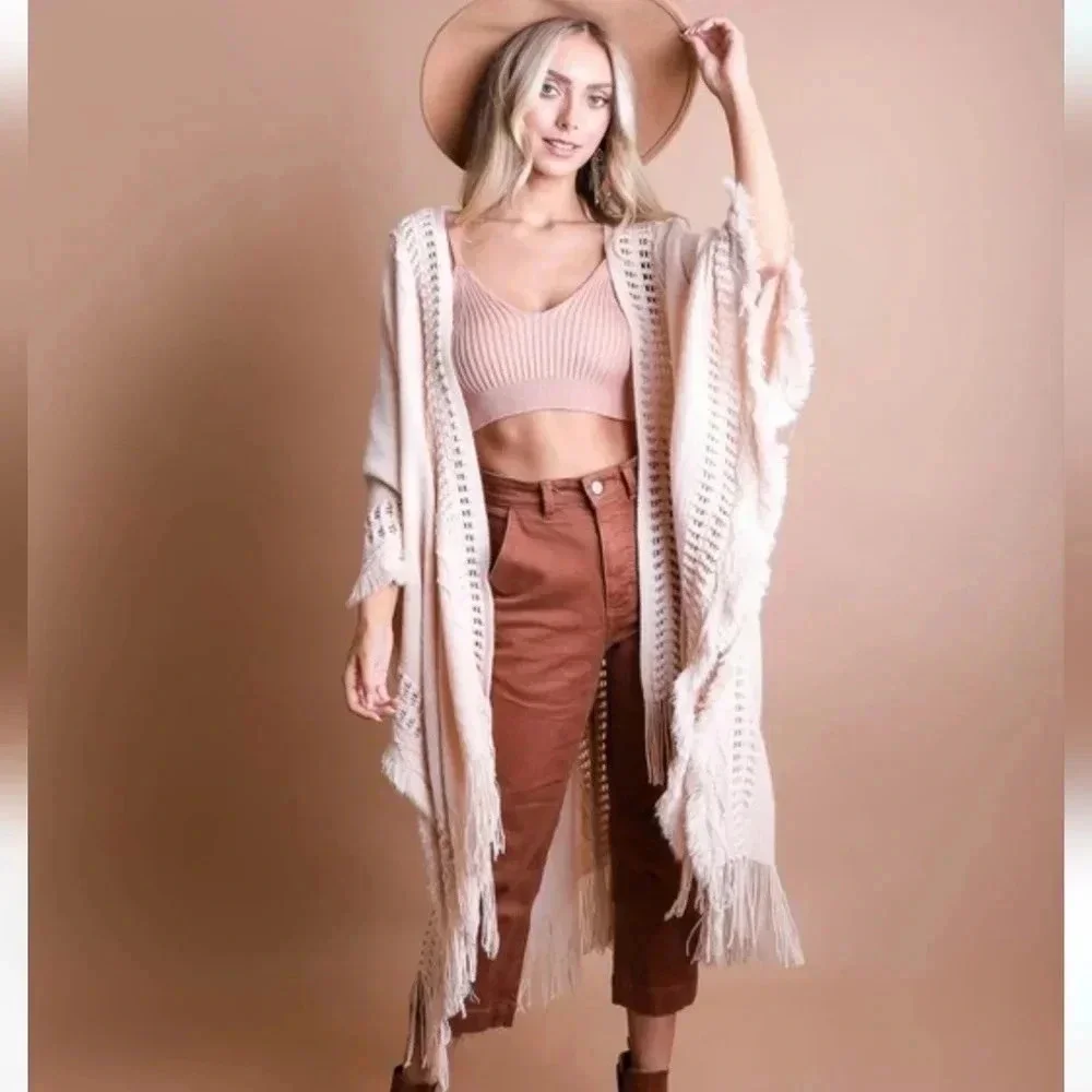 New Boho Fringe Knit Ruana Wrap Kimono Cream